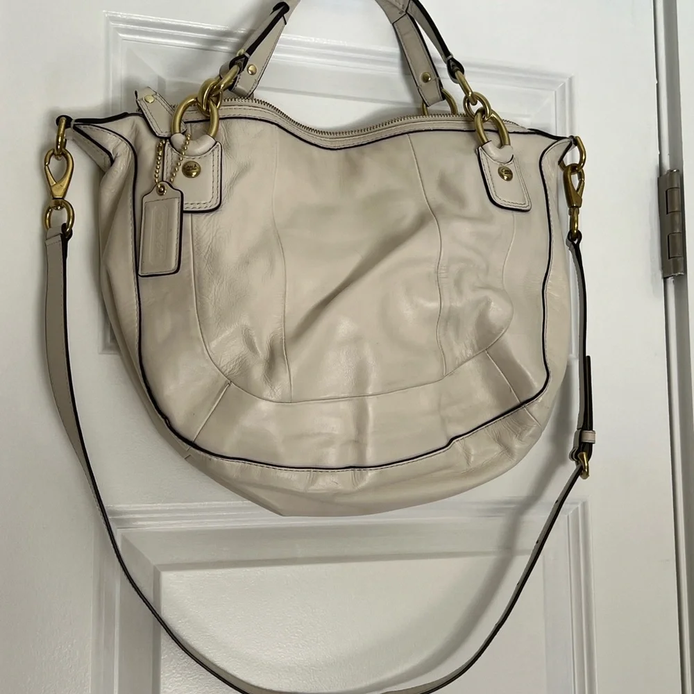 Coach white beige woven leather satchel crossbody handbag purse - Picture 2 of 7